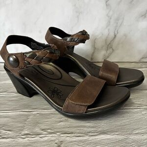 NWOT Aetrex Sylvia Brown Heeled Sandals Braided Ankle Strap Wedge Heel